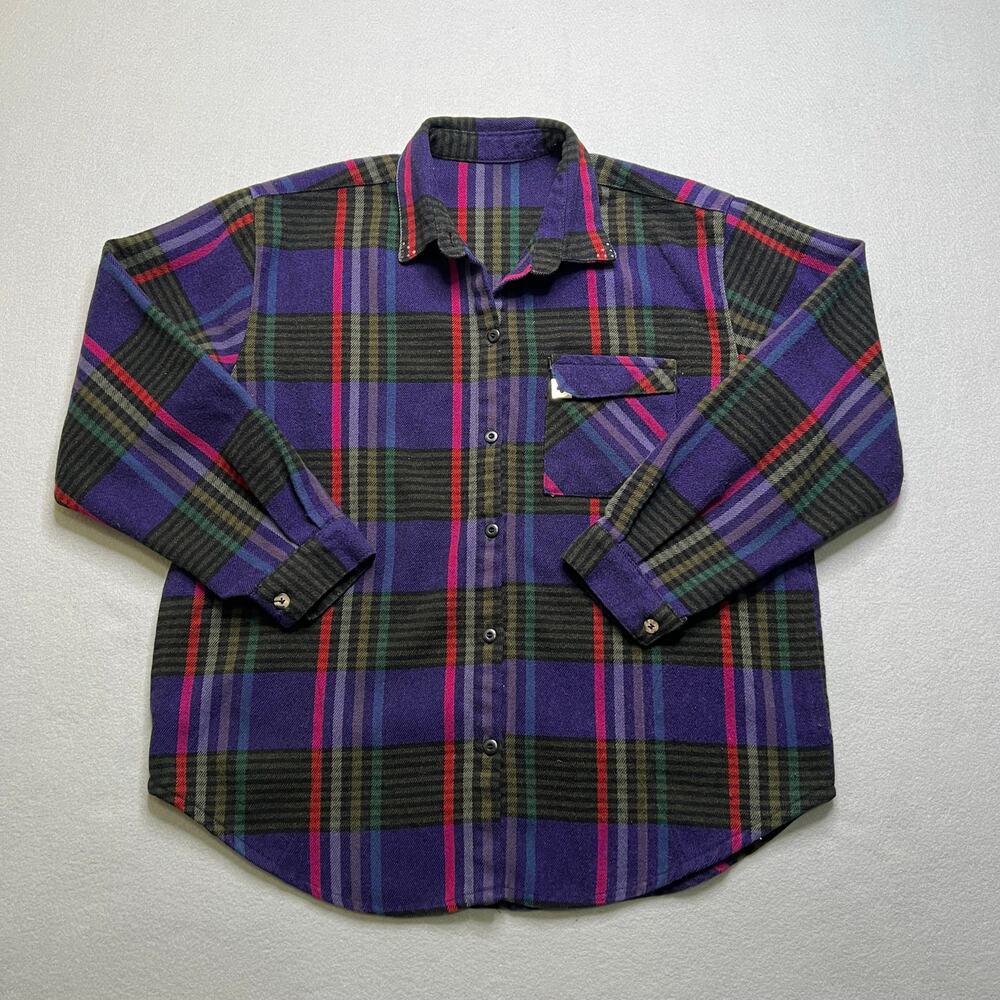 Vintage 90s Wool Blend Flannel Shirt Mens M/L‎ Purple Plaid Button Up  boho